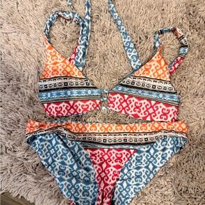 Multicolor Patterned Bikini Set - Orange, Blue, Pink - Reversable